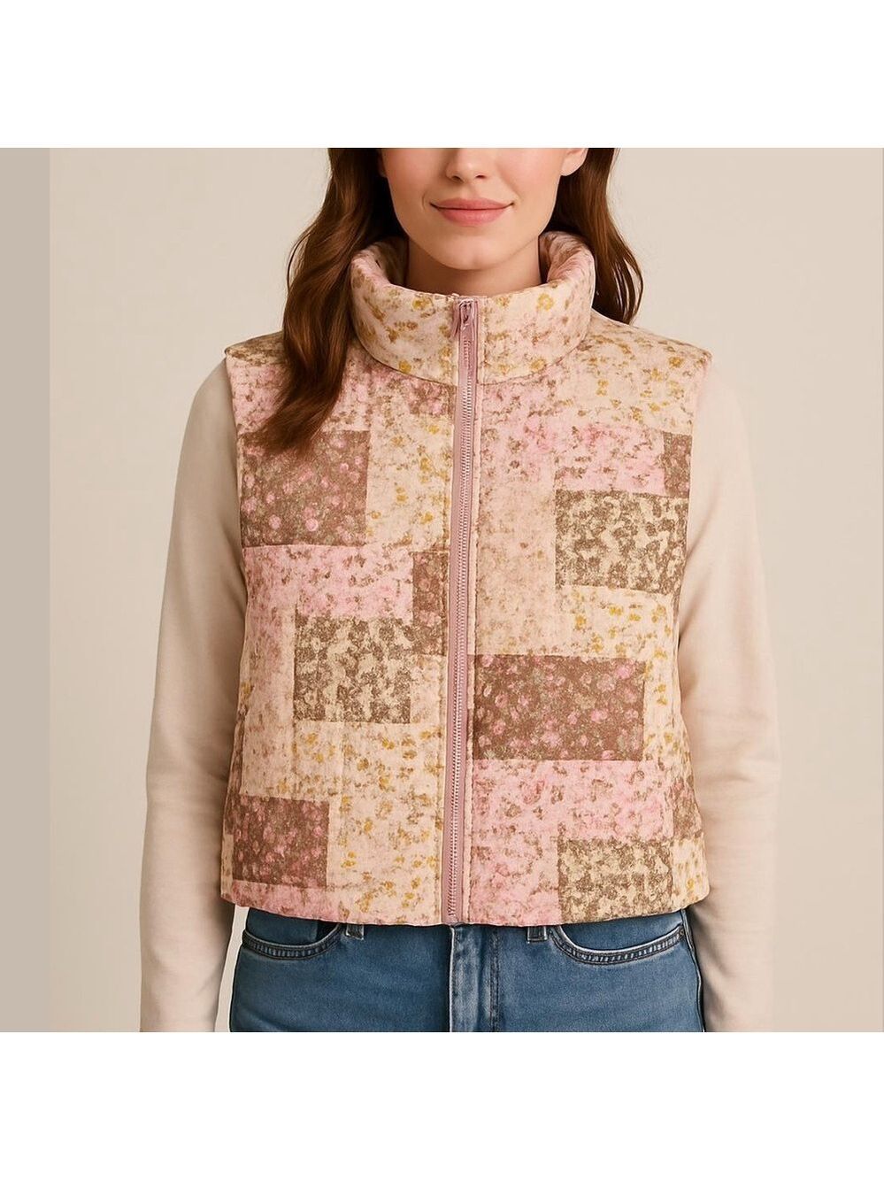 THREAD & SUPPLY quilted pastel vest floral patchwork full zip pockets pink large